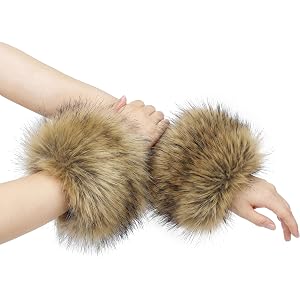 Oweisong Women Faux Fur Wrist Cuffs Fuzzy Arm Warmers Brown Black Fluffy Hand Cuffs for Halloween Costumes Cosplay