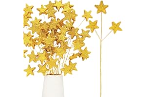 Wavwavw 24 Pcs Glitter Star Picks 14.5 Inch Sparkly Star Stem Christmas Star Tree Picks Twinkle Star Sticks Foam Vase Decoration for Christmas Birthday Party Wedding Centerpieces(Gold)