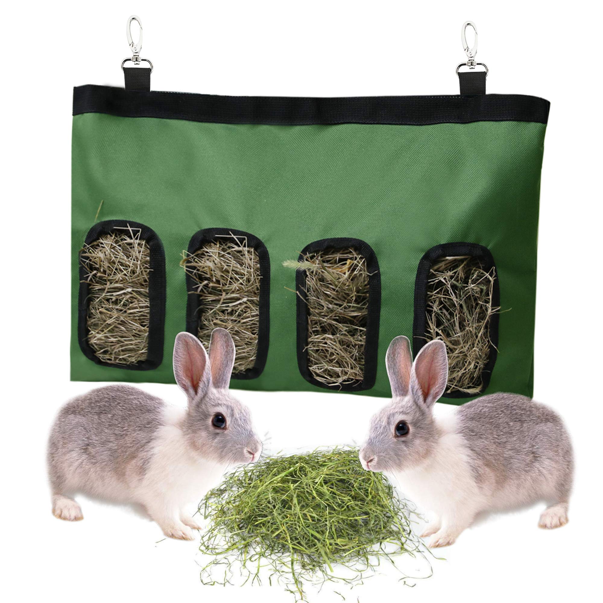 Rabbit Hay Feeder Bag Guinea Pigs Hanging Hay Rack Manger Holder Dispenser Small Animal Feeder Storage Pouch for Bunny Chinchilla Hamster (4 Windows, Green)