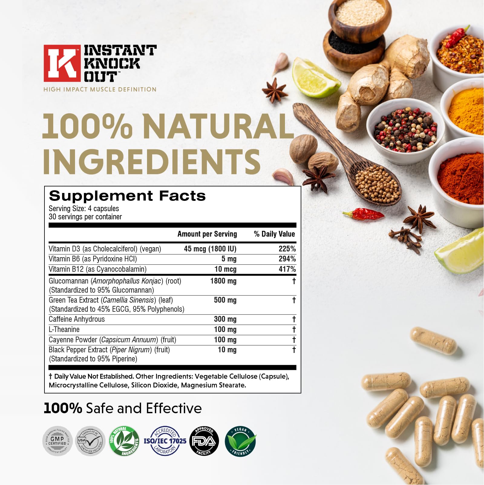 Instant Knockout Fat Burner for Men & Women - All Natural Ingredients with Glucomannan, Green Tea Extract, Cayenne Pepper Seeds and More