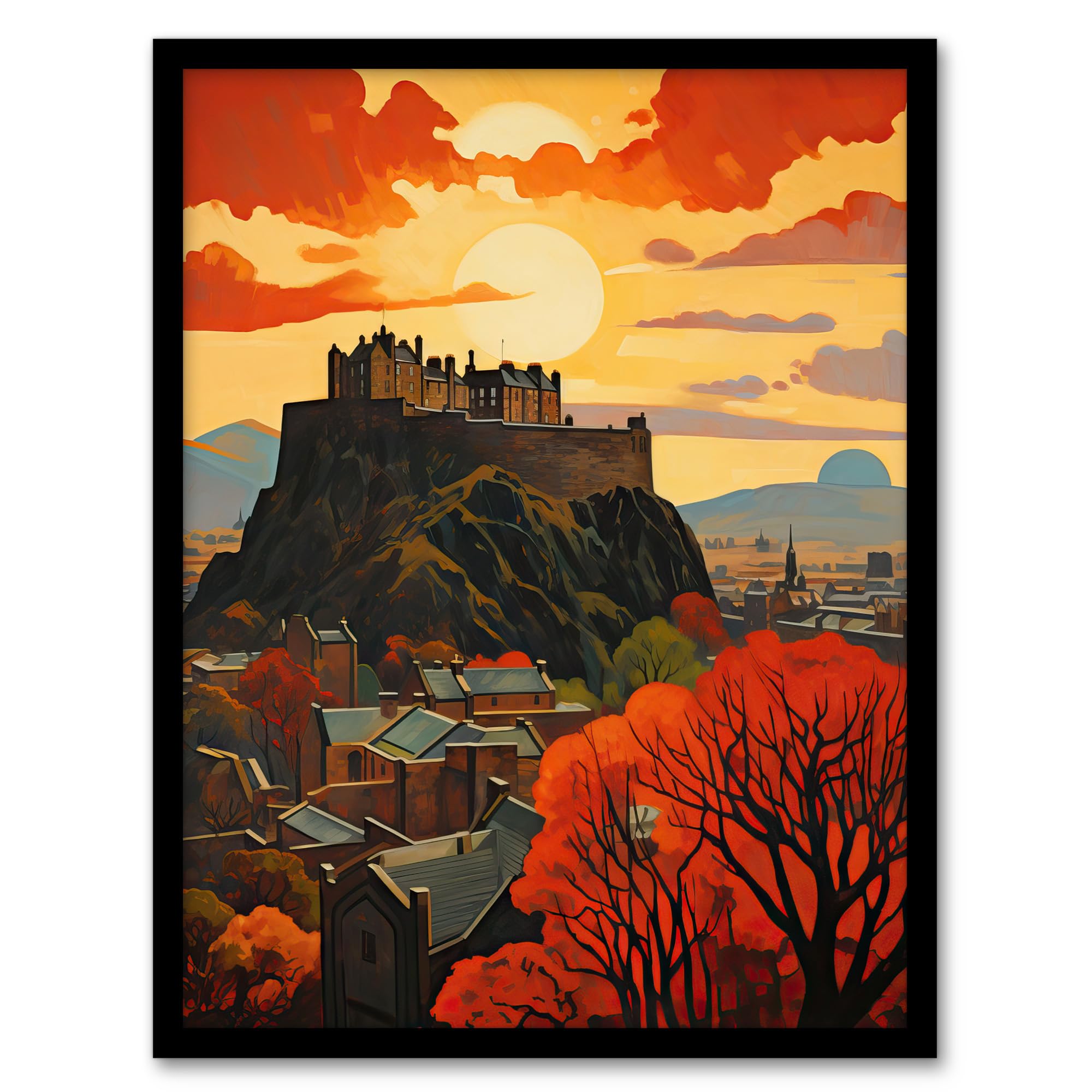 Artery8 Edinburgh Castle Oil Painting Twilight In Autumn Cityscape Art Print Framed Poster Wall Decor 12x16 inch