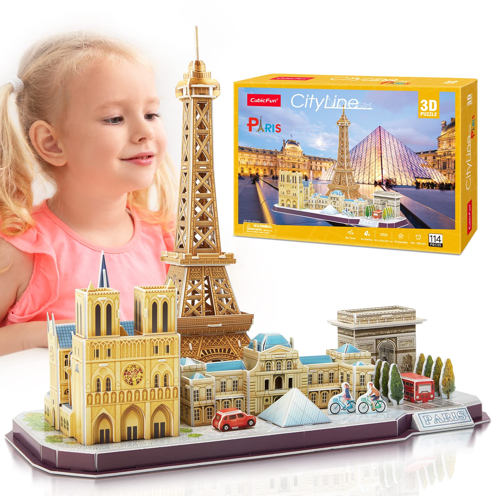 CubicFun 3D Puzzles Paris City Skyline Puzzle DIY Building Model Kits, France Decoration and Souvenir Gift for Kids and Teenagers, Notre Dame de Paris, Eiffel Tower, The Louvre 114 Pieces