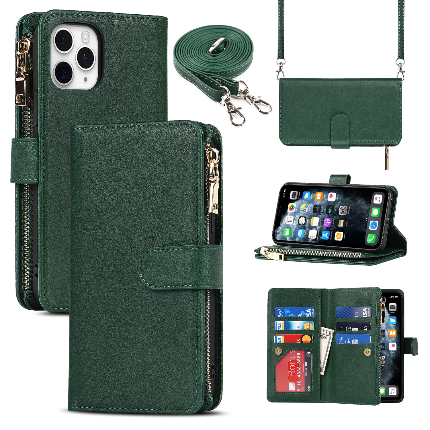 Cavor Crossbody iPhone 11 Pro Case With Card Holder With Strap,Flip Leather Wallet Case,[9 Card Holder] Zipper Detachable Lanyard Phone Case Cover for Women for iPhone 11 Pro - Dark Green — image 1