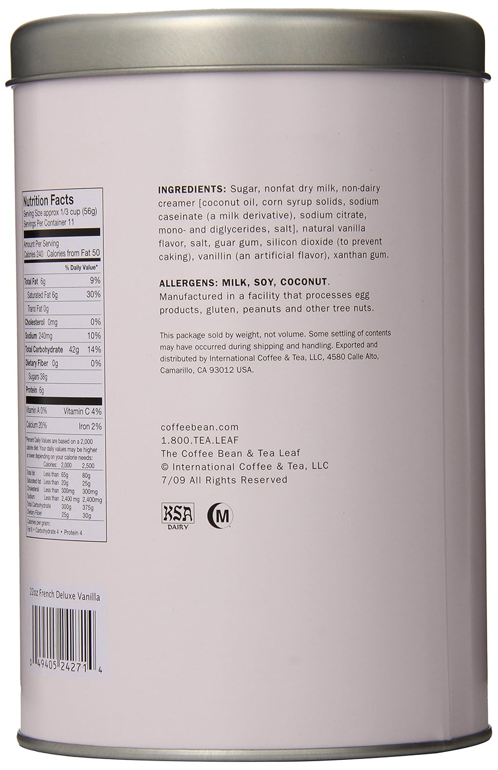 Coffee Bean No Sugar Added Vanilla Powder Nutrition Facts Coffee