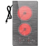 Karinear 2 Burner Electric Cooktop 110V, 12 Inch Countertop & Built-in Electric Stove Top, Plug-in Ceramic Cooktop with Child Safety Lock, Timer, Pause, Smooth Glass Surface with Beautiful Pattern(B)