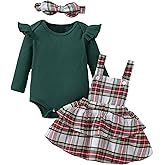 COSLAND Baby Girl Christmas Outfit Long Sleeve Romper Overall Skirt Dress 3Pcs Set, 0-24 Months