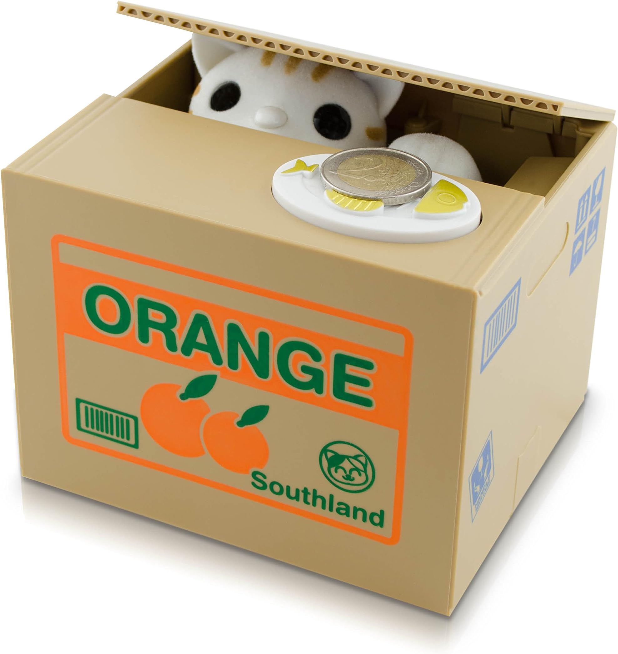 Money Box Fruit Box with Cat - Beige "Kleptic Cat" Design - Gadget Electric Money Box as a Gift Idea - Grinscard