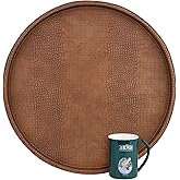 HofferRuffer Round Serving Tray 20'', Elegant Faux Leather Circle Ottoman Table Tray, Serve Tea Coffee Breakfast in Bedroom Living Room Kitchen (Brown)