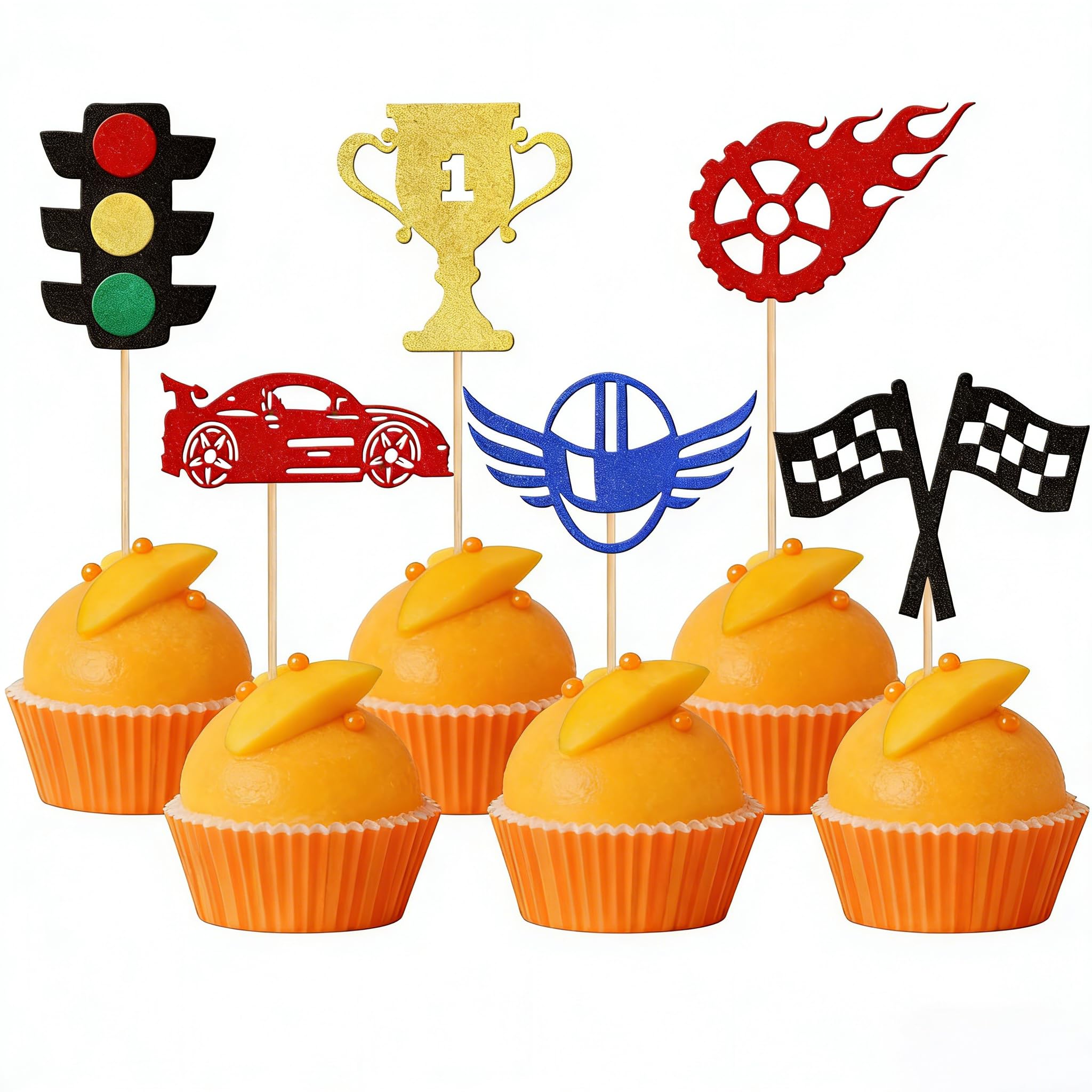 Xsstarmi 24 Pack Race Car Cupcake Toppers Glitter Traffic Light Wheel Trophy Flag Helmet Racing Car Cupcake Picks for Let's Go Racing Sports Baby Shower Birthday Party Cake Decorations