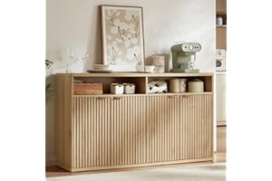 LEYAOYAO Fluted Buffet Cabinet with Storage, 55" Wide Wood Sideboard Credenza with 4 Doors & Open Storage Shelf, Kitchen Entryway Accent Table, Modern Console Cabinets for Dining Room, Natural Oak
