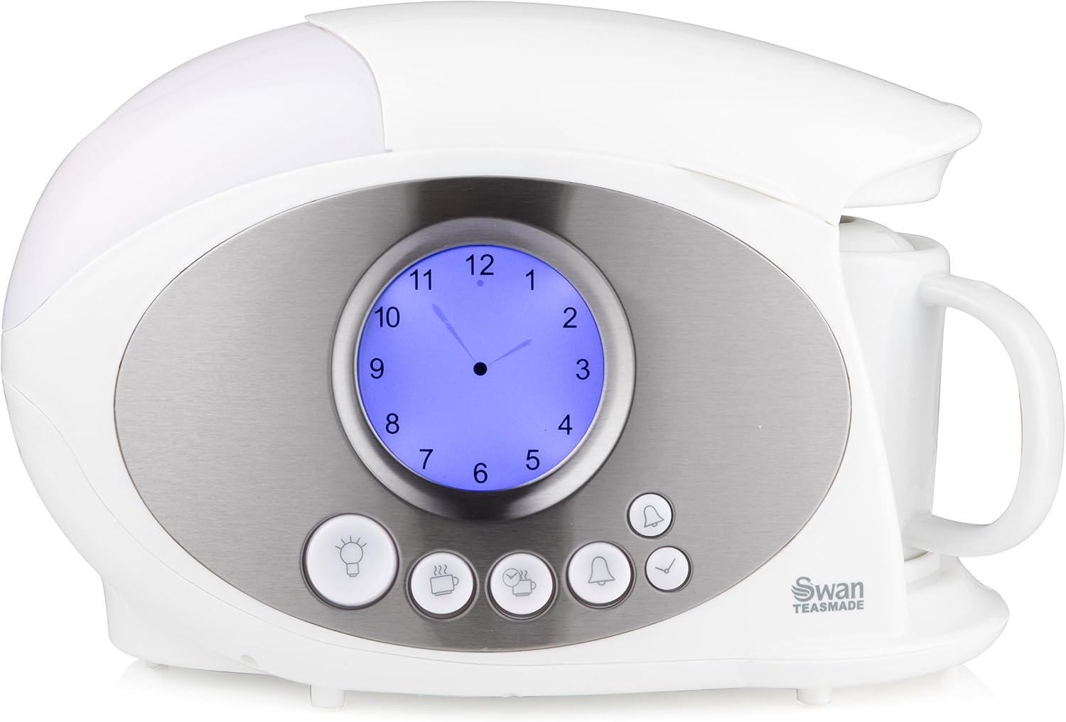 Swan STM200N Teasmade with LCD Analogue Clock Light, Rapid Boil and Alarm, 600ml, 850W, White, H:20 W:31 D:19