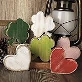 PAIVSUN 6Pcs Valentine's Day/St.Patrick's Day Tiered Tray Decorations, Double-Sided Distressed Heart and Shamrock Wooden Signs Clover Table Decor for Home Office Tabletop (Retro Mix)