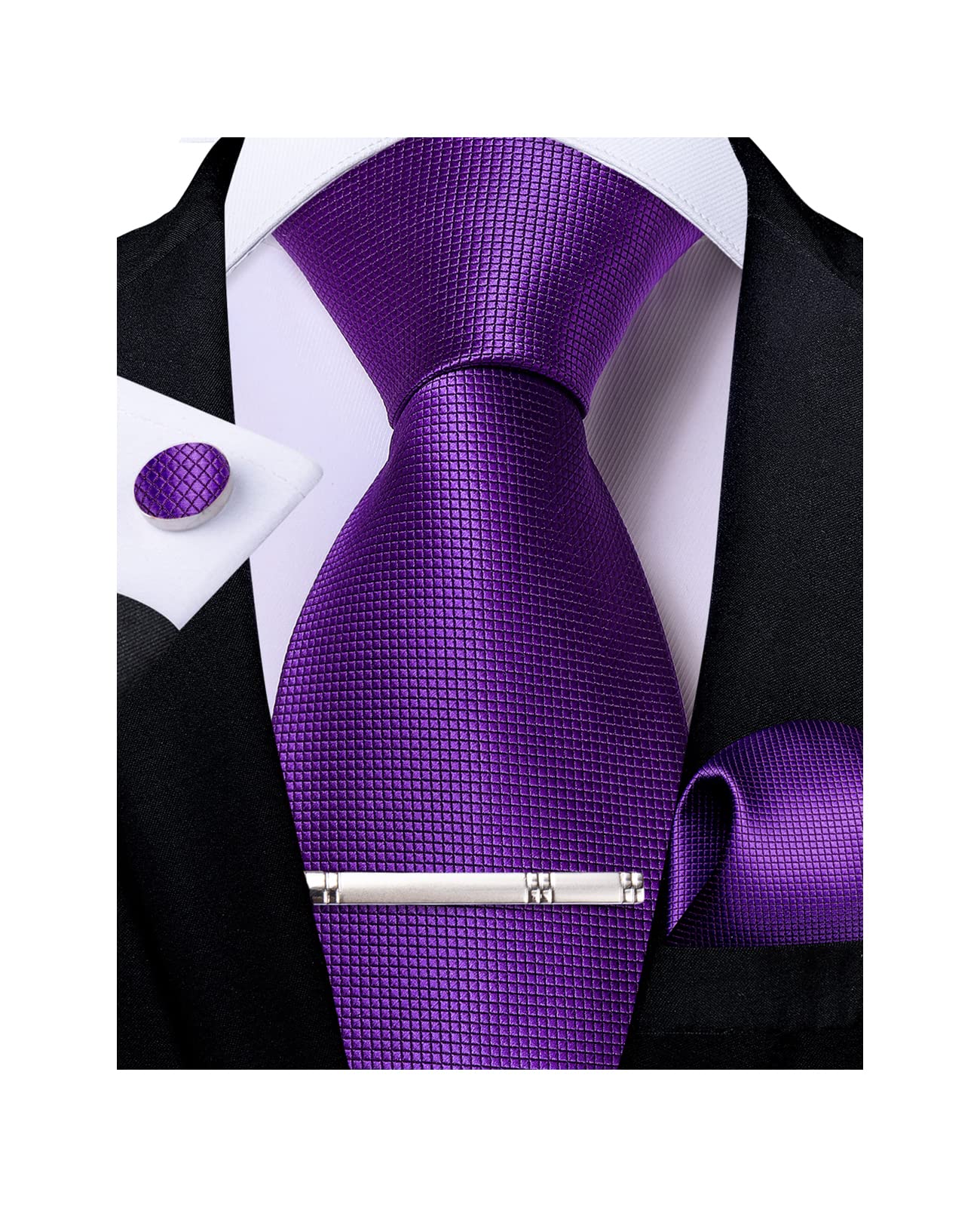 DiBanGu Mens Tie Silk Purple Solid Necktie & Pocket Square Cufflinks Tie Clip Set Classic Formal Ties for Wedding Party