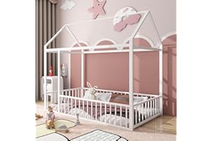 Bellemave Twin Size Montessori Floor Bed, Metal House Bed Framefor Kids, Montessori Floor Beds with Fence, Playhouse for Kids,White