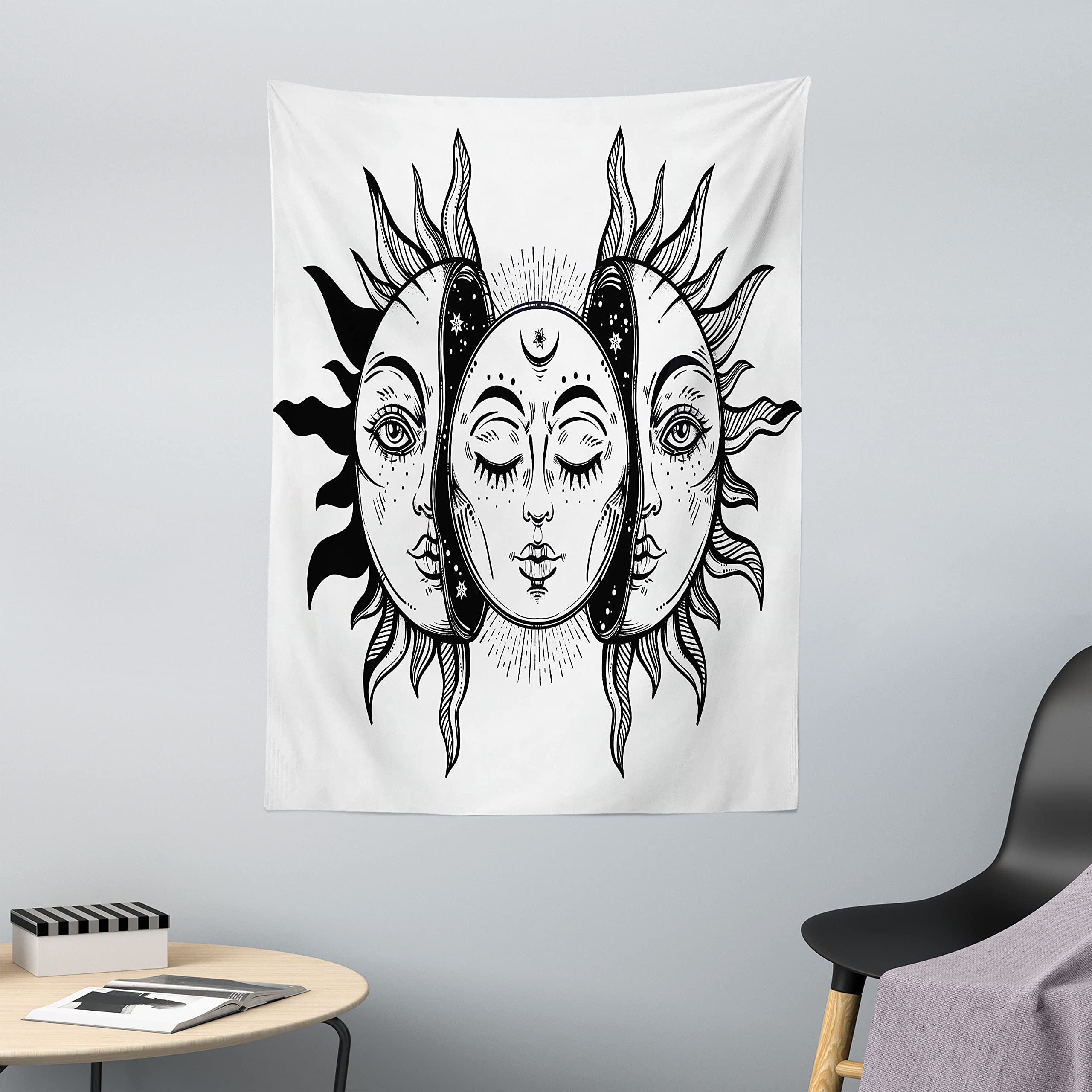 ABAKUHAUS Moon Tapestry, Monochrome Sun and Moon Pattern Oriental Image Asian Culture Inspired Design Print, Fabric Wall Hanging Decor for Bedroom Living Room Dorm, 43 W X 58 L, Black White