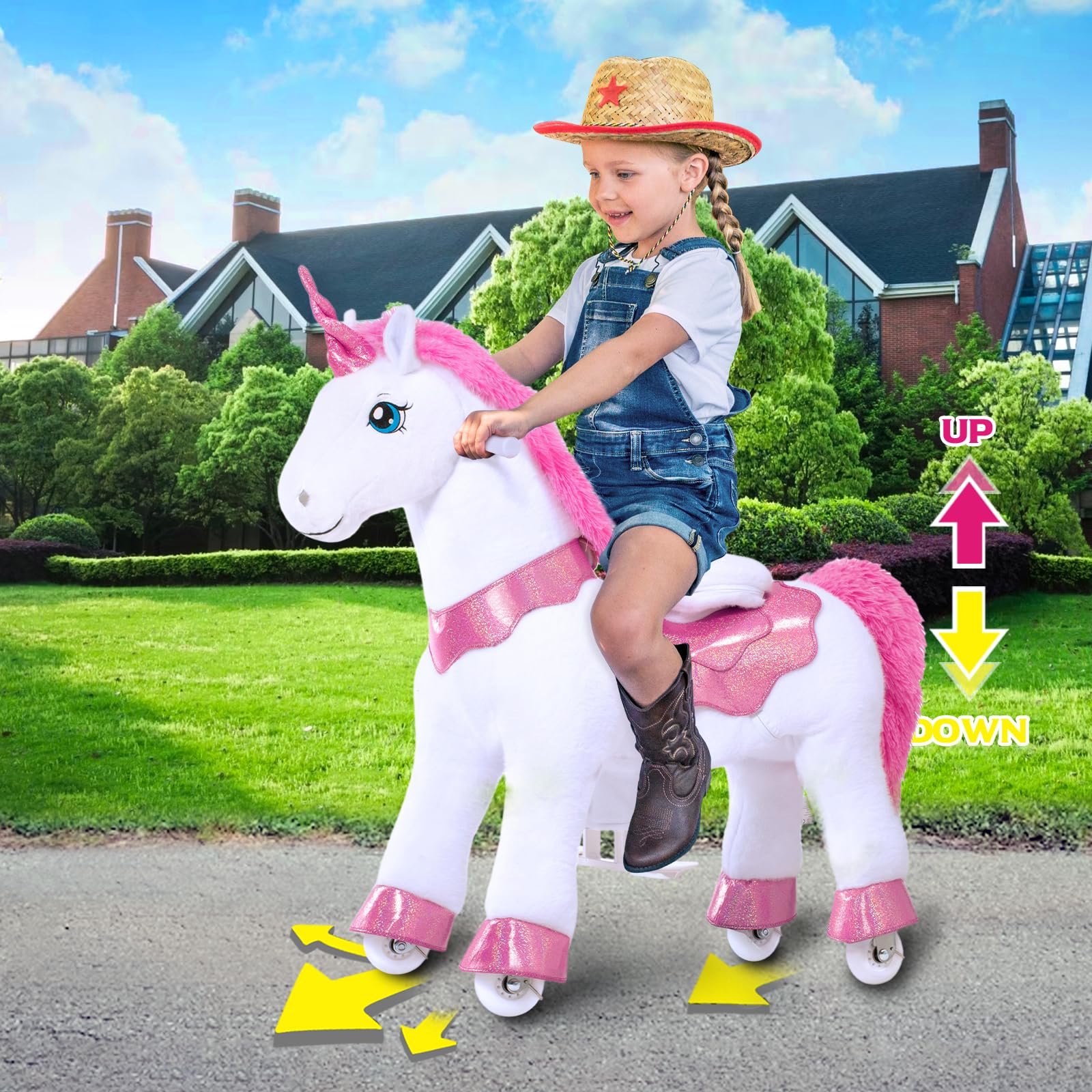 PonyCycle Ride on Unicorn Toys for Girls Pony Riding Pink Unicorn Rocking Horse (with Brake/ 35.4