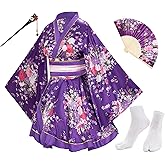 Japanese Anime Women's Dance Kimono Robe Fancy Dress Hand Held Silk Folding Fans Tabi Hairstick Socks Set