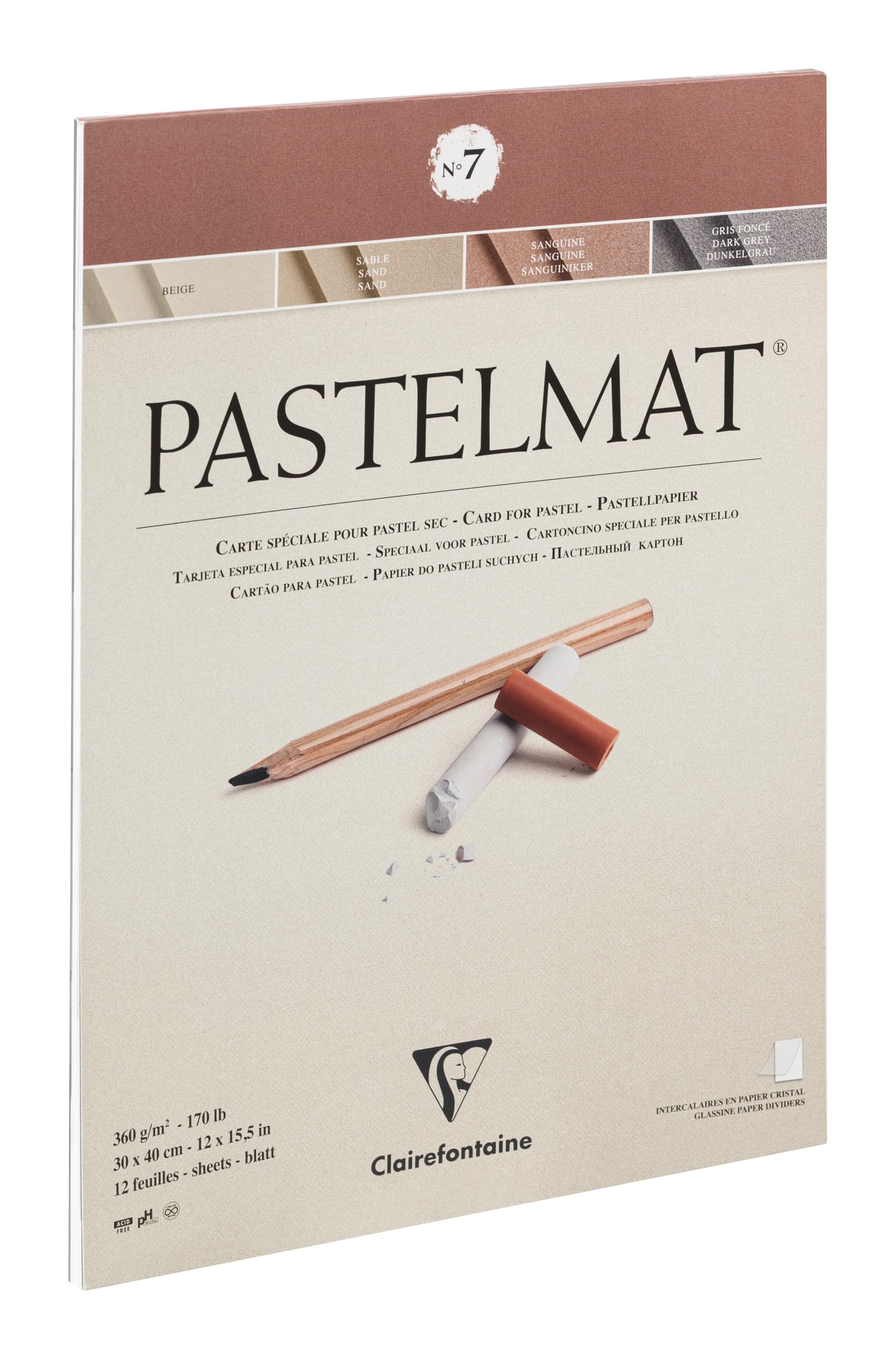 Clairefontaine 96054C Pastelmat Glued Pad No. 7 - 12 Sheets Special Card for Dry Pastels - 30x40 cm 360g - 4 Assorted Colours - Crystal Paper Dividers