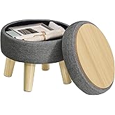 SONGMICS Storage Ottoman, Foot Stool, Round Ottoman with Padded Seat, Foot Rest with Wood Legs, Small Table, for Hallway, Living Room, 12.2 Inches, Linen-Look Fabric, Slate Gray ULOM514GN01