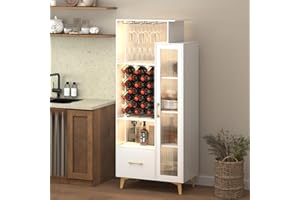 Vlsrka LED Liquor Wine Cabinet, Wine Bar Cabinet with USB Port, Bar Cabinets for 18 Bottle Wine Rack and 3 Glass Holder, Tall Sideboard Buffet Storage Cabinet for Living, Dining Room, White