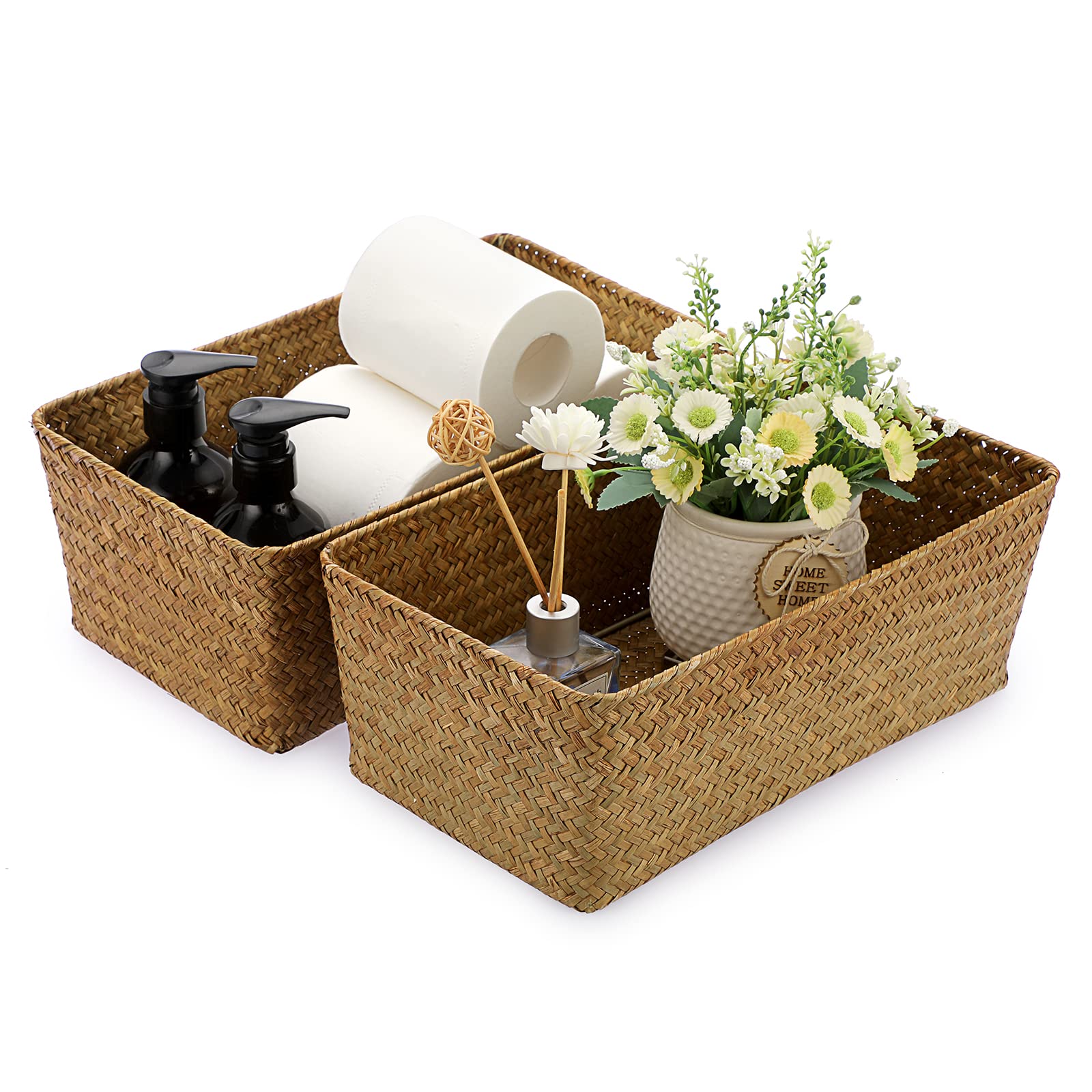 SUMTree Set of 2 Natural Seagrass Nesting Baskets, Wicker Storage Baskets for Organizing, Handwoven Segrass Basket Bins for Desktop Shelf Cabinet Organizer Container, (Caramel, Large)