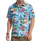 HQP Christmas in July Shirts for Men Hawaiian Xmas Button Down Shirt Ugly Santa Claus Holiday Graphic Short Sleeve Tops