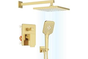 Gabrylly Shower System Gold, Wall Mounted Shower Faucet Set for Bathroom with High Pressure 10" Rain Shower head and 3-Setting Handheld Shower Head Set, 2 Way Shower Valve Kit, Brushed Gold
