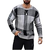 OYOANGLE Men's Color Block Plaid Print Long Sleeve Crew Neck Sweater Pullover Tops