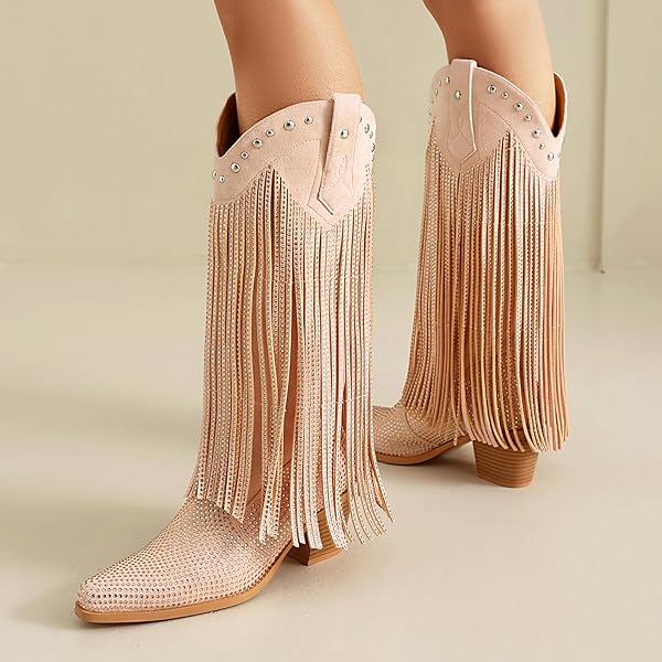 AIJIVOU WOMEN’S RHINESTONE FRINGE COWGIRL BOOTS, SPARKLY WESTERN COWBOY BOOTS POINTED TOE KNEE BLOCK CHUNKY MIDDLE HEEL PULL ON MID CALF BOOTS FOR WOMEN GIRL PARTY (PINK, 9 M US)