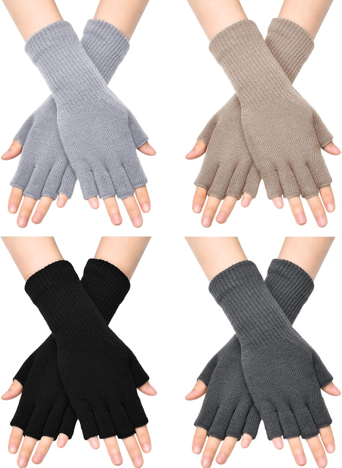 Unisex Half Finger Gloves Winter Stretchy Knit Fingerless Typing Gloves (Black, White, Dark Grey, Light Tan, 4) at  Women’s Clothing store
