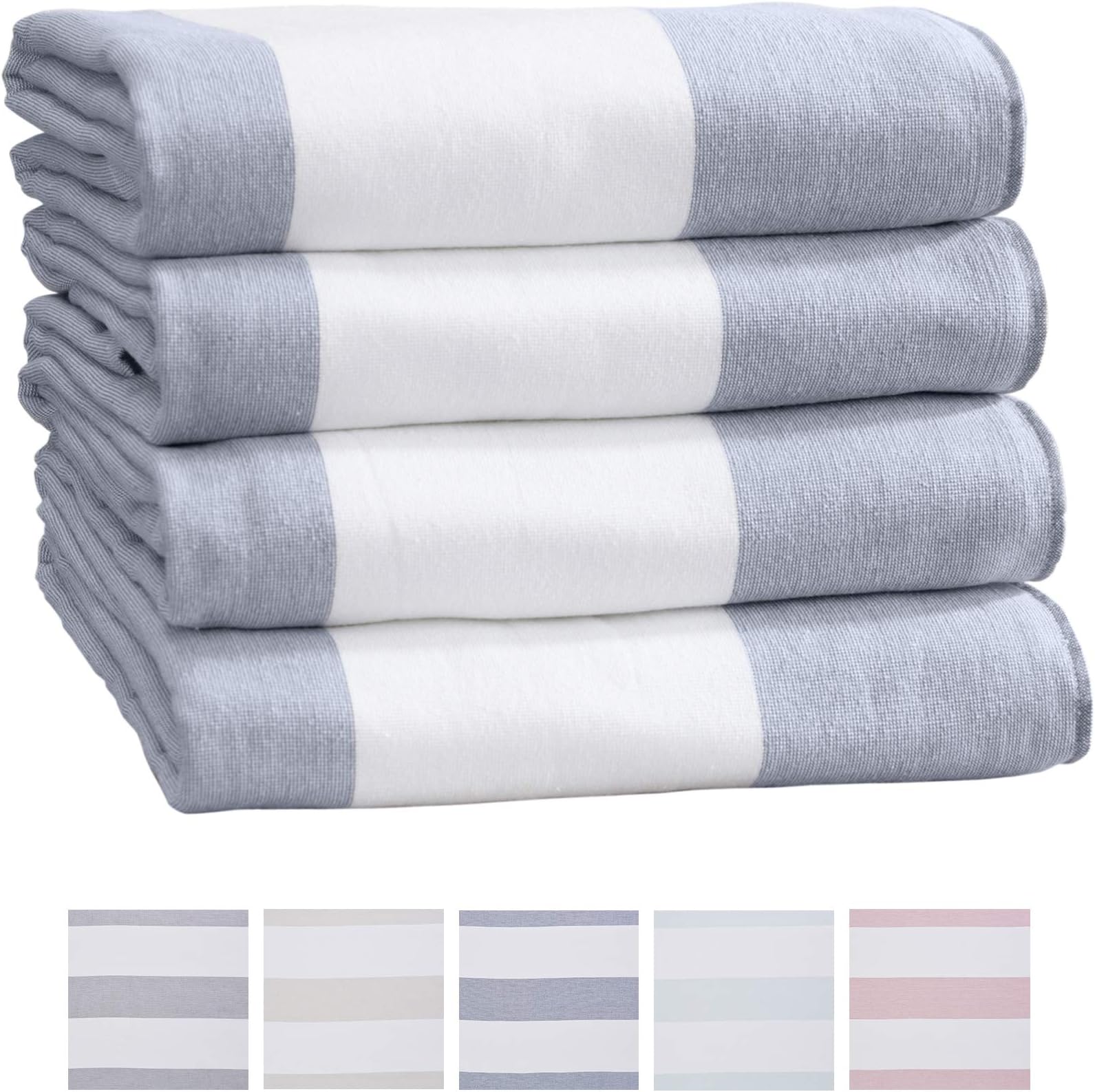 Great Bay Home 4-Pack of Beach Towels. Wide Stripe 100% Combed Cotton Large Pool Towels. Cabana Beach Towel for Adults. Celeste Wide Stripe Collection (Indigo)