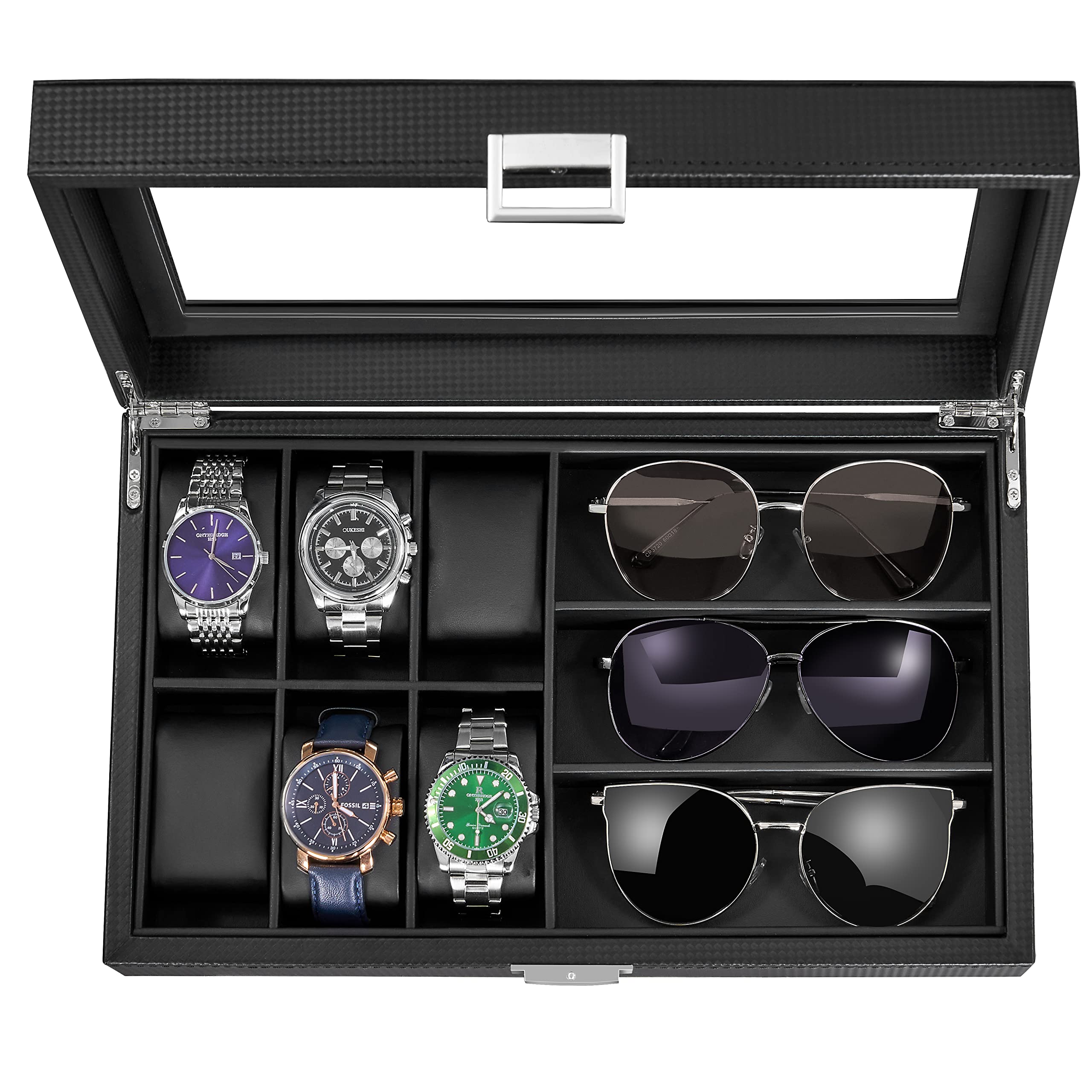 BEWISHOME Watch Box 6-Slot Watch Case and 3-Slots Sunglasses Box for Men, Sunglasses Storage with Large Glass Lid, Jewelry Box for Men Women Black SSH18C