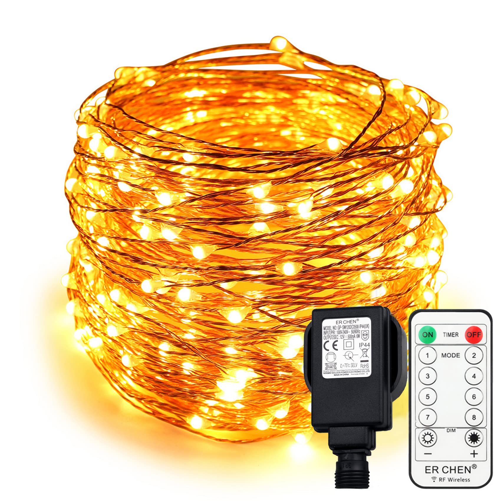 ER CHEN Fairy Lights Plug in 99 Ft 300 LED Copper Wire Dimmable Twinkle String Lights with Remote Timer, Warm White