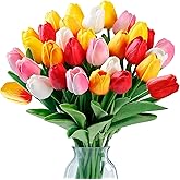 Sggvecsy 30 Pcs Fake Tulips Artificial Flowers Real Touch PU Faux Flowers Tulip Stems for Wedding Spring Bouquet Floral Arrangement Home Party Office Decorations for Mother's Day (Multi Colors)