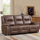 ANJ Faux Leather Manual Recliner Sofa, Mid-Century Classic 3-Seater Reclining Couch with Padded Backrest and Armrests, Reclining Sofa with Nailhead Trim for Living Room, Brown