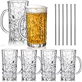 Lyellfe Set of 6 Glass Beer Mug, 18 Oz Large Beer Glasses with Handle Straw, Solid Clear Drinking Glassware Beer Cups for Fre