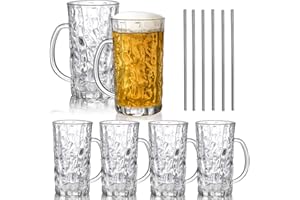 Lyellfe Set of 6 Glass Beer Mug, 18 Oz Large Beer Glasses with Handle Straw, Solid Clear Drinking Glassware Beer Cups for Fre