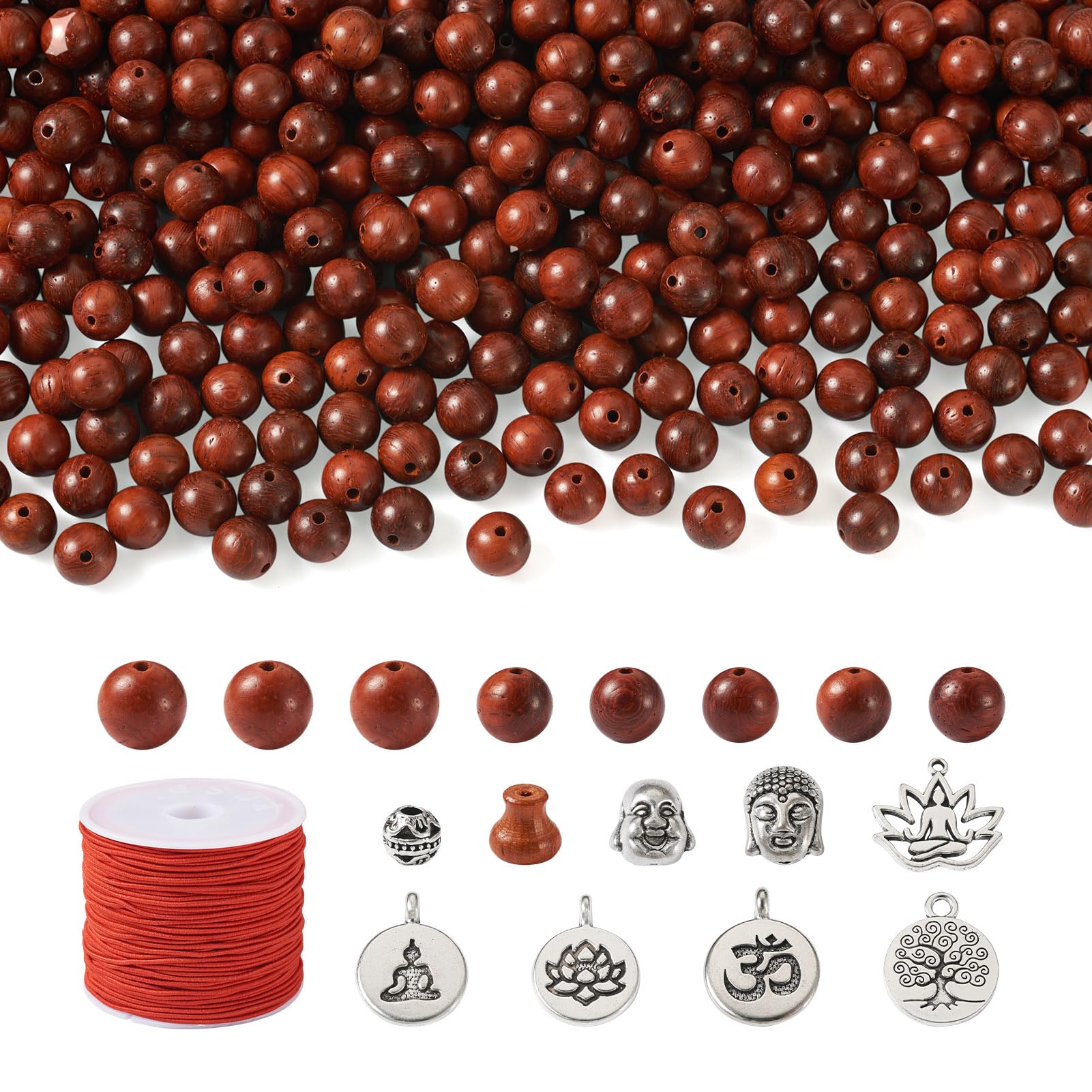 Crafans DIY Buddhist Mala Bead Kit - Tibetan Wooden Buddha Head Spacer Vase Antique Silver Beads For Bracelet Jewelry Making — image 1