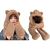 Wuluwala Cute Bear Scarf with Ears Youth Hat Winter Warm Plush Hat Cold Winter Gift for Kids(Brown)