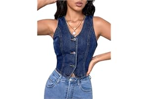 GORGLITTER Women's Button Down Jean Tops Sleeveless V Neck Denim Waistcoat Vests Western Country Outfit
