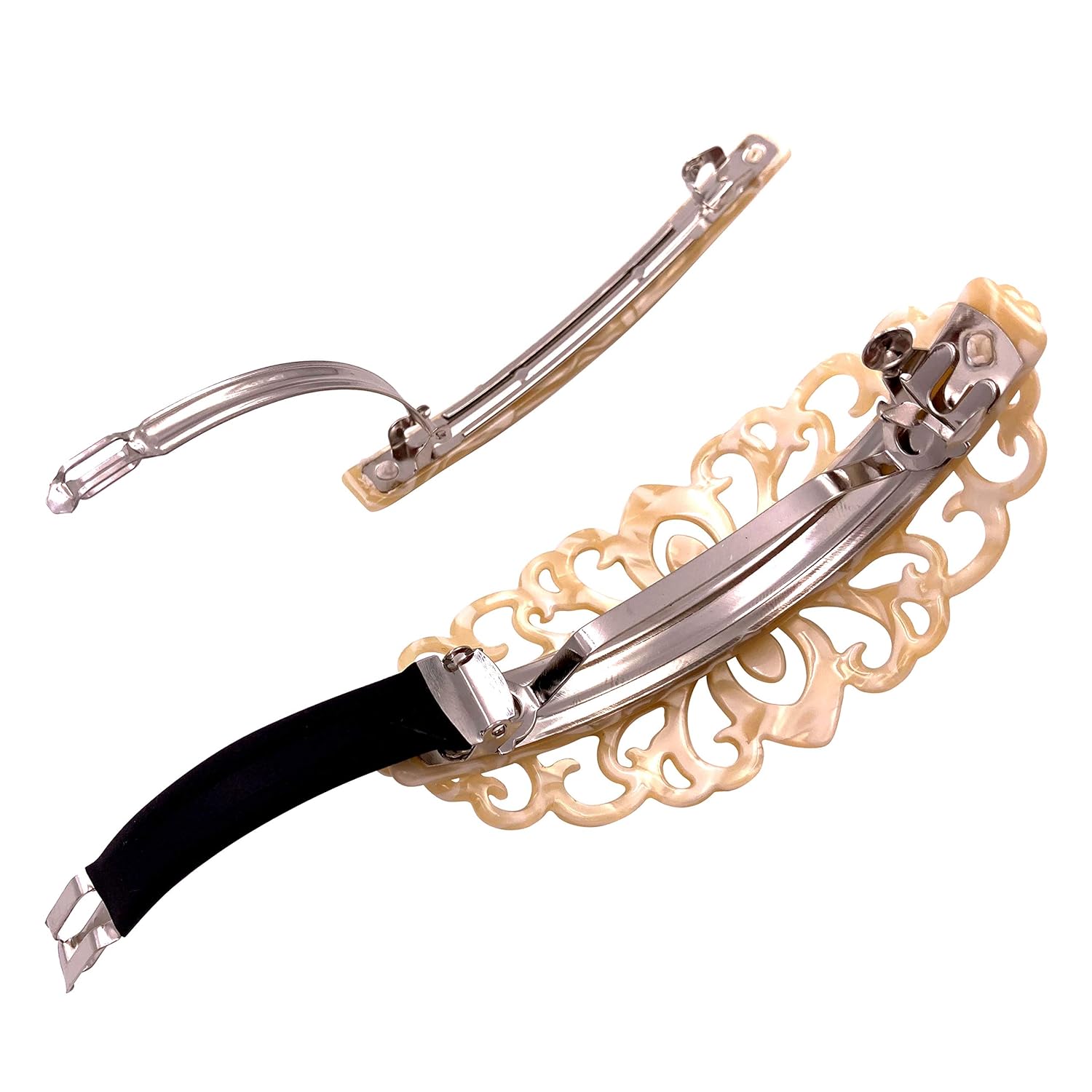 Strong Large Hair Barrette Set For Thick Hair Ivory White Marble Filigree for Women : Beauty