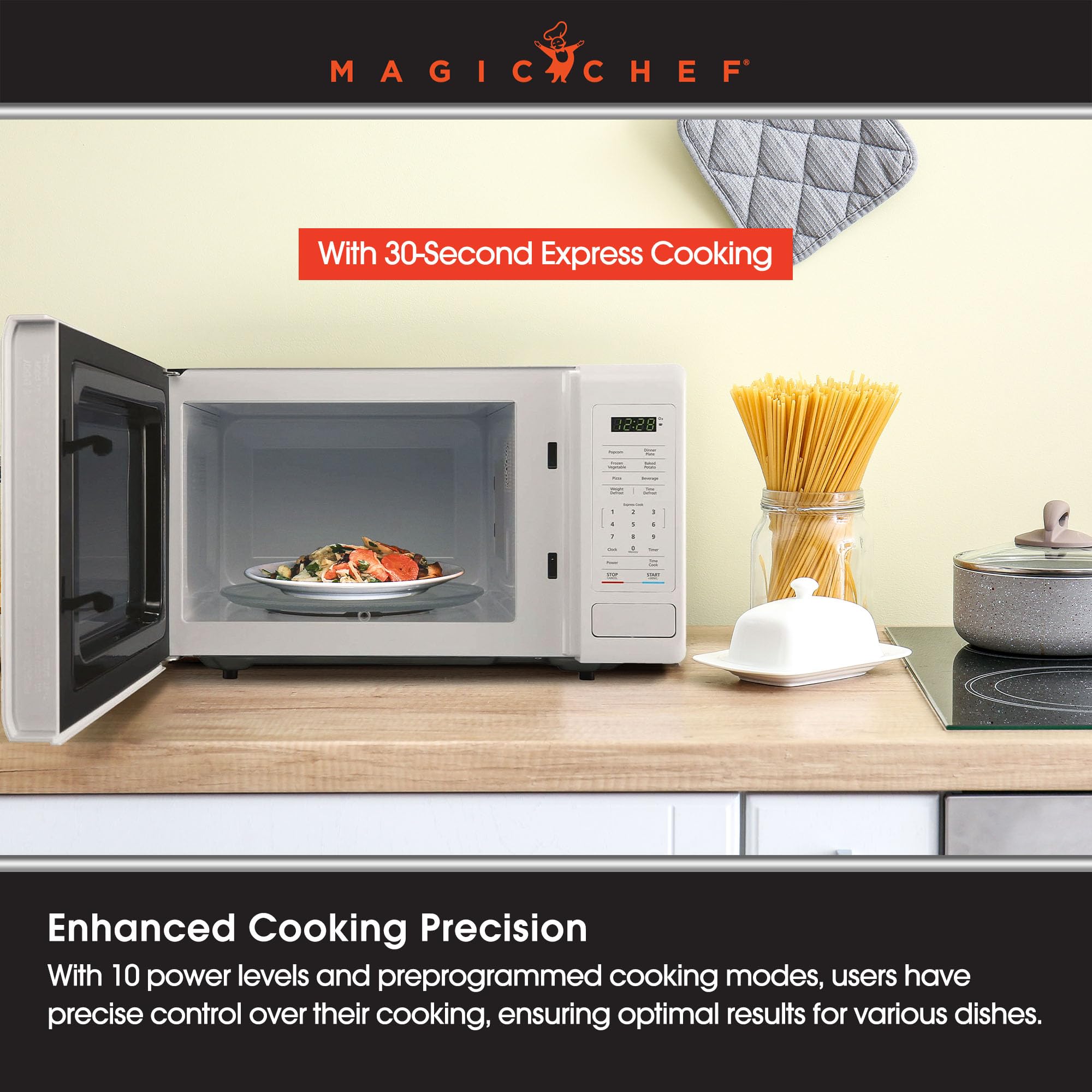 Magic Chef 0.9 Cubic Feet 900 Watt Small Stainless Countertop Microwave Oven for Compact Spaces w/ 6 Pre Programmed Cooking Modes, White