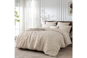 YASMENG Beige Boho Tufted Duvet Cover Queen Set Boho Geometric Chevron Stripe Jacquard Embroidery Bedding Farmhouse Shabby Ch