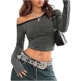 SOLY HUX Women's Striped T Shirts Off The Shoulder Slim Long Sleeve Crop Tops Streetwear