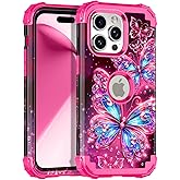 Miqala Compatible with iPhone 15 Pro Max Case,Glow in The Dark Three Layer Heavy Duty Shockproof Full Protection Hard Plastic Bumper+Soft Silicone Protective Case for Apple iPhone 15 Pro Max,Deep Pink