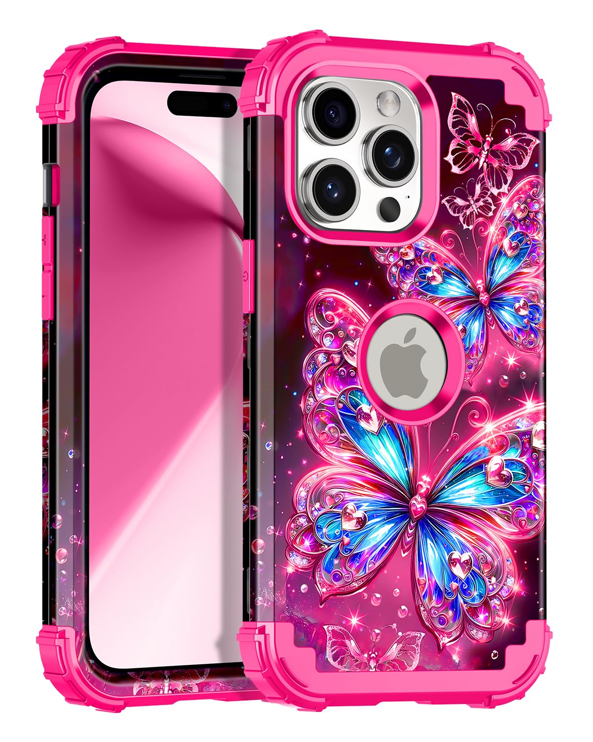 Miqala Compatible with iPhone 15 Pro Max Case,Glow in The Dark Three Layer Heavy Duty Shockproof Full Protection Hard Plastic Bumper+Soft Silicone Protective Case for Apple iPhone 15 Pro Max,Deep Pink