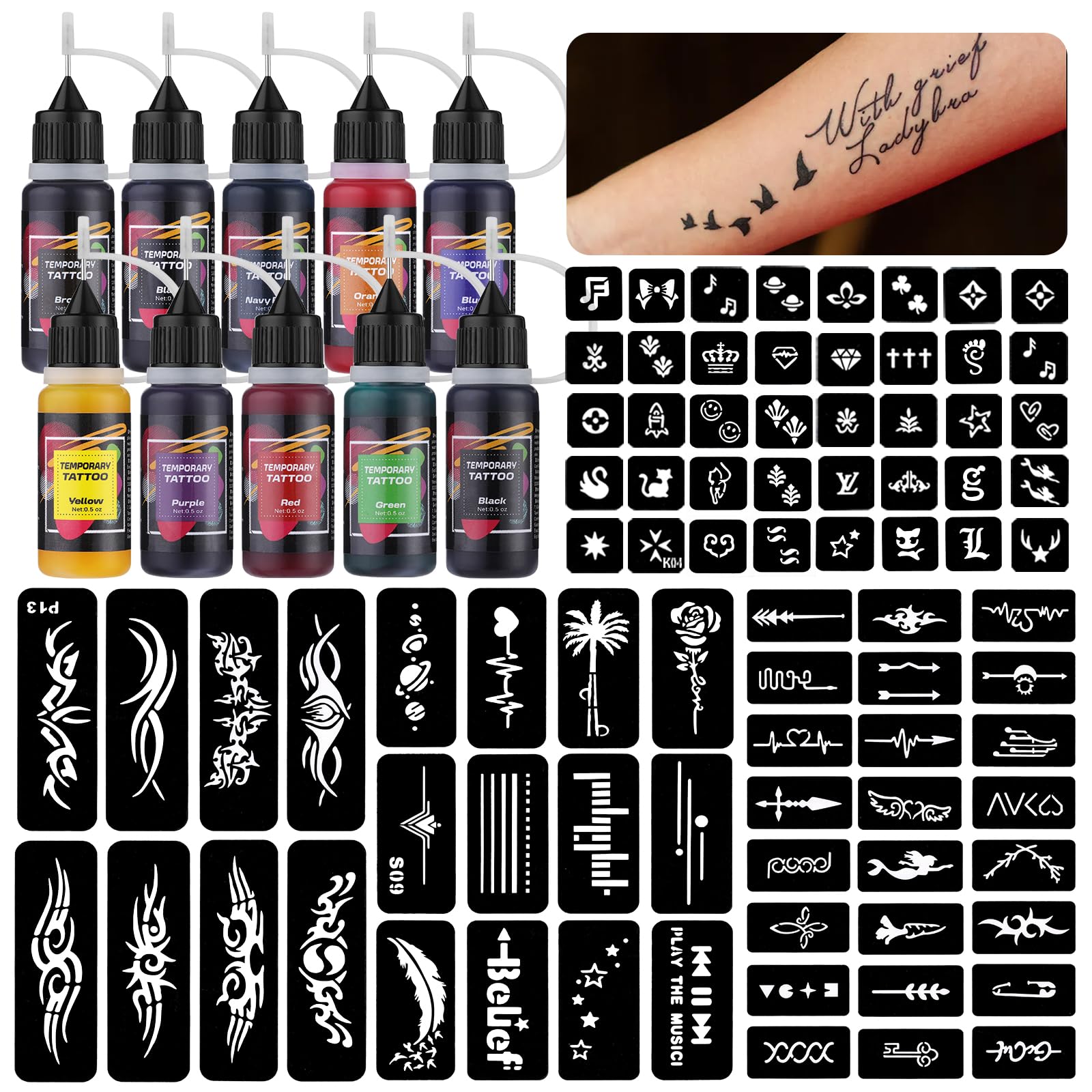 STIGMA Temporary Tattoo Kit Realistic Fake Tattoo for Kids and Adults 10 bottles of 0.5 oz Long Lasting Temporary Tattoo Ink and 84 Tattoo Stencils ZYH2312333KIT