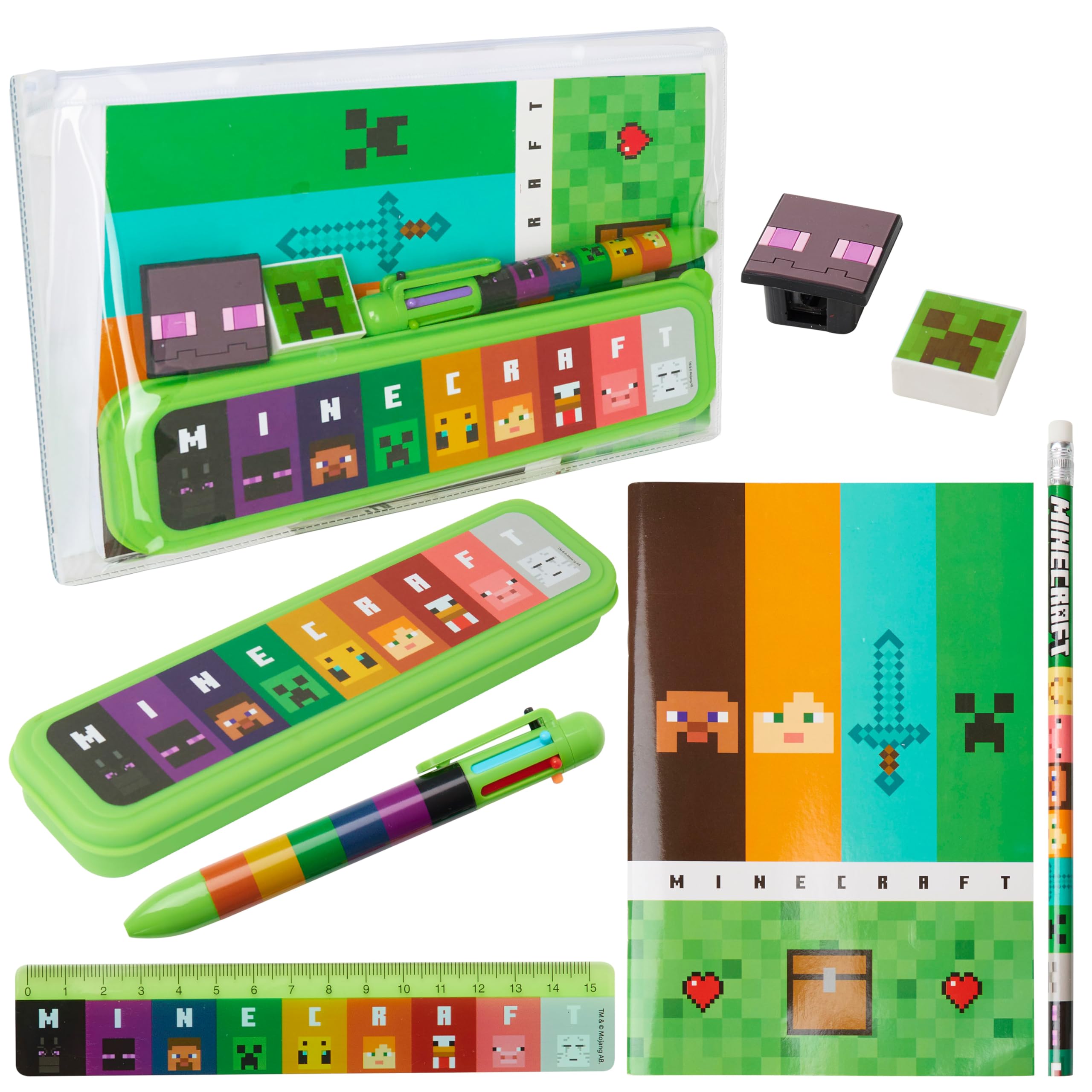 Minecraft Pencil Case and Stationery Set for Kids Filled Pencil Pouch Notebook Sticky Notes Pencils Creeper School Supplies Gamer Gifts for Kids (Green/Multi) — image 1