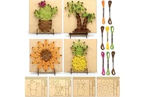 Janlaugh Set of 4 Summer String Art Kit Palm Trees Cactus Sunflowers Pineapple String Art Craft Wood Box Sign Make Your Own Art Board with Stand Pins and Yarn DIY Activity Kits for Adults Kids