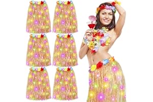 Maiteenly 6 Pcs 24 Inch Light up Grass Skirt Luau Hula Skirt with LED String Light Flower Hawaiian Skirt Glow in The Dark Costume for Women Summer Party Decor